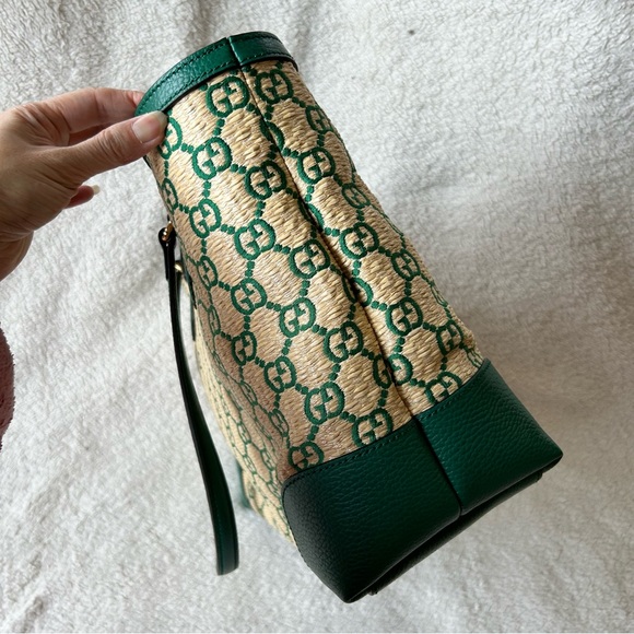 NWT Authentic Gucci Special Edition Straw Woven GG Ophidia Tote Bag NaturalGreen - Picture 6 of 14